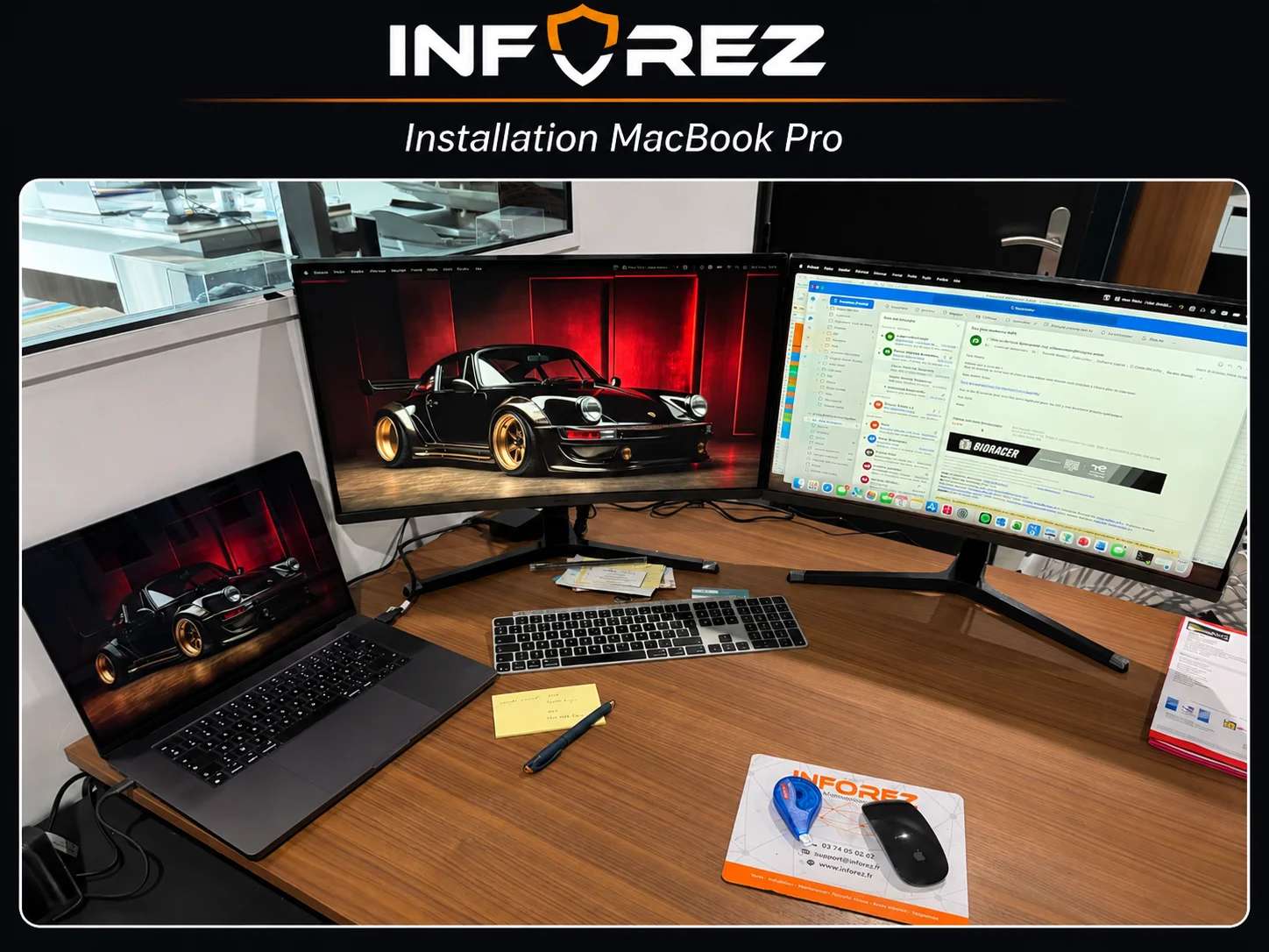 Installation d'un MacBook Pro avec deux écrans, clavier et souris par INFOREZ chez un client